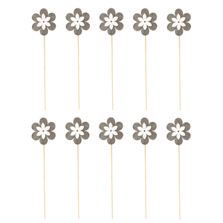 Blumen-Stecker Blume grau weiß mit Holzstab 10 Stück