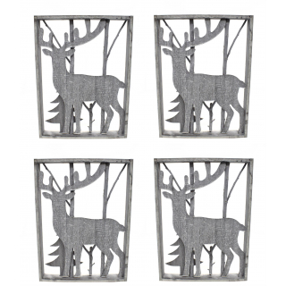 Holz Skulptur Rahmen grau-weiß Hirsch und Tanne 30cm x 40cm 4 Stück