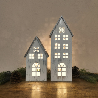 Holz LED Haus weiß silber 2er Set - klein und groß