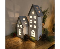 Holz LED Haus weiß silber 2er Set - klein und groß