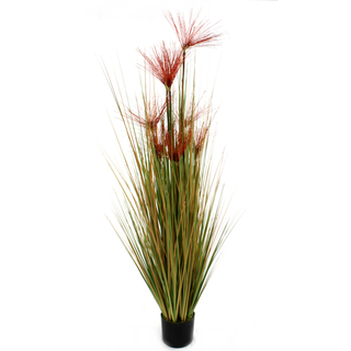Kunst-Pflanze Gras im Topf Papyrus Gras mit roten Blüten 170cm