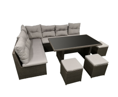 Poly-Rattan Garten Lounge mit Tisch 3 Hockern Sitzauflagen und 7 Kissen