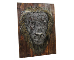 Wanddekoration Löwenkopf aus recyceltem Metall 53 x 76cm auf Holzplatte