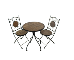 Metall Garten-Möbel Set Tisch und 2 Stühle mit Platten in Holz Optik
