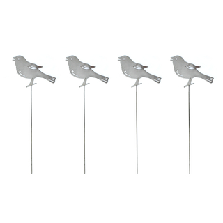 Metall Garten-Stecker Vogel silber hochglanz 12 x 8,5cm + 30cm Stab 4 Stück