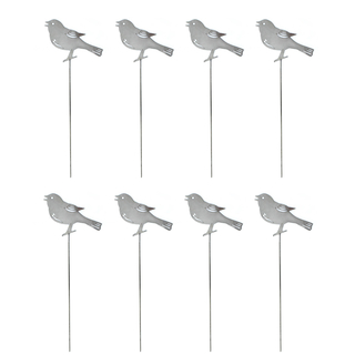 Metall Garten-Stecker Vogel silber hochglanz 12 x 8,5cm + 30cm Stab 8 Stück