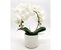 Kunst-Pflanze Orchidee runder Topf weiß hochglanz und weiße Blüten 36cm hoch