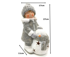 Winterkind Junge mit LED Schneemann 27cm Dekofigur Weihnachtsdeko