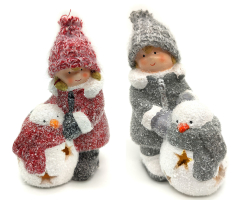 Winterkinder Mädchen und Junge mit LED Schneemännern 16cm Dekofigur Weihnachtsdeko
