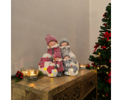 Winterkinder Mädchen und Jungen mit LED Schneemännern 16cm und 27cm Dekofigur Weihnachtsdeko
