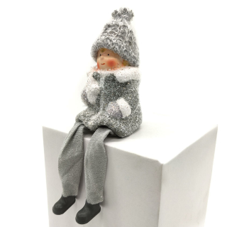 Winterkind Kantenhocker Junge 22cm grau weiß Dekofigur Weihnachtsdeko
