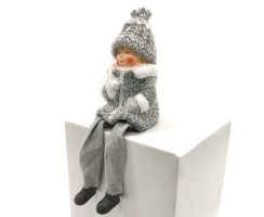 Winterkind Kantenhocker Junge 22cm grau weiß Dekofigur Weihnachtsdeko