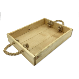 Holz Tablett mit Seil-Griffen natur braun 28 x 38cm flache Kiste