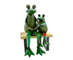 Metall Dekofigur Frösche auf Holz-Bank 21 x 31cm grün braun schwarz Garten-Figur Deko Frosch Skulptur Tierfigur