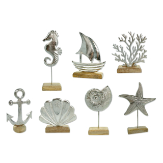 Metall Skulptur mit Holz-Fuß silber-braun Dekofigur Tisch-Deko Maritim Mediterran Meeresdeko