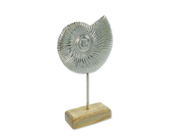 Metall Skulptur mit Holz-Fuß silber-braun Ammonite 14 x 25cm Dekofigur Tisch-Deko Maritim Mediterran Meeresdeko