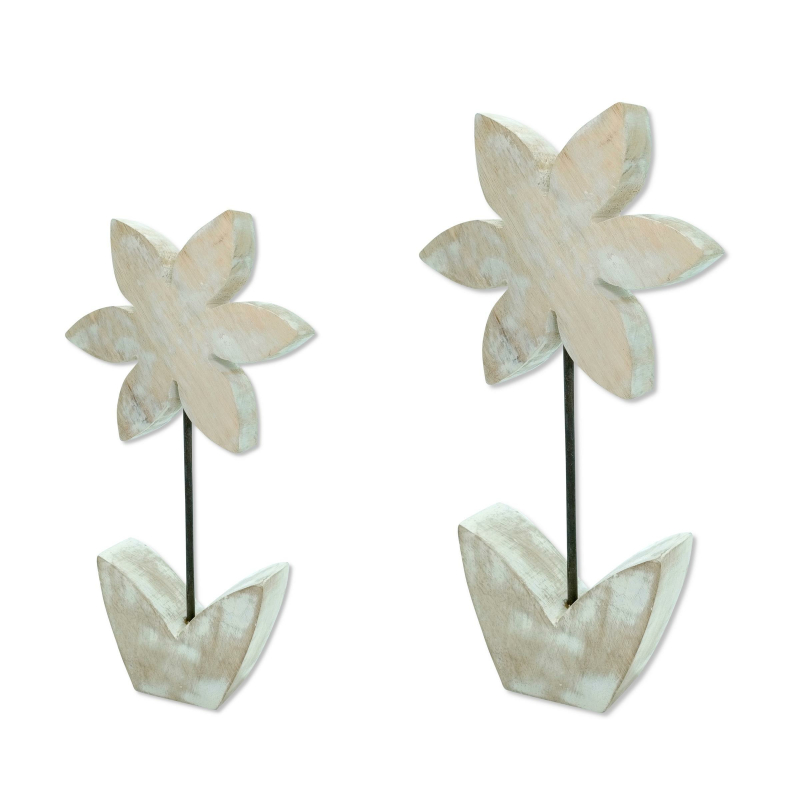 Holz Skulptur Blume weiß-braun Dekofigur Tisch-Deko Holzblume