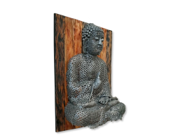 Metall Wandbild auf Holz Planken Buddha 52 x 68cm...