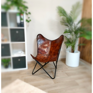 Echt Leder Stuhl Butterfly braun 75 x 93cm Lounge-Sessel Schmetterling Loungestuhl Relaxsessel