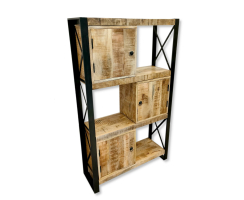 Holz Regal eckig braun 91 x 150cm mit schwarzem Metall Gestell Schrank mit Fächern und Türen Wohnzimmer Schlafzimmer Küche