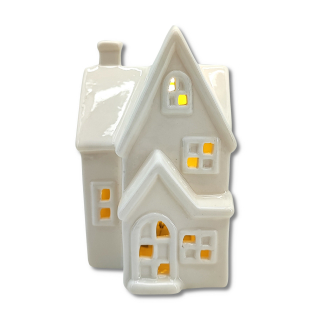 Keramik LED Haus - weiß glänzend - 7 x 11,5 x 7 cm - Lichthaus