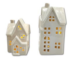 Keramik LED Haus - Lichthaus weiß glänzend 2er Set