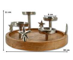 Mango-Holz und Metall Kerzenhalter rund silber mit Sternen Ø 30cm für vier große Stumpen-Kerzen Tisch-Deko Advent-Kerzenständer