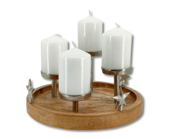 Mango-Holz und Metall Kerzenhalter rund silber mit Sternen Ø 30cm für vier große Stumpen-Kerzen Tisch-Deko Advent-Kerzenständer
