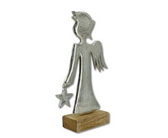 Metall Engel silber mit Mango-Holz Fuß braun 15 x 25cm Dekofigur Skulptur Tisch-Deko