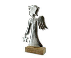 Metall Engel silber mit Mango-Holz Fuß braun 15 x 25cm Dekofigur Skulptur Tisch-Deko