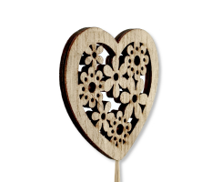 Holz Blumen-Stecker Herz mit Blümchen natur 7 x 35cm Dekostecker Blumenstab Herzstab Holzstecker