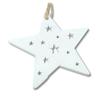 Holz Dekohänger Sterne 6 Stück weiß 7cm mit Jute Kordel Anhänger Sterndeko Holzstern Sternhänger