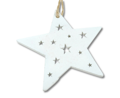 Holz Dekohänger Sterne 6 Stück weiß 7cm mit Jute Kordel Anhänger Sterndeko Holzstern Sternhänger