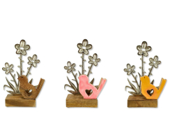Holz und Metall Vogel mit Blumen 14 x 23cm Tisch-Deko...