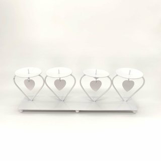 Metall Kerzenhalter mit Herz Anhängern 37x12 cm für 4 große Kerzen ( weiß )