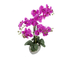 Kunst-Pflanze Orchidee ovaler Topf silber hochglanz und lila Blüten 53cm hoch künstliche Blume Phalaenopsis