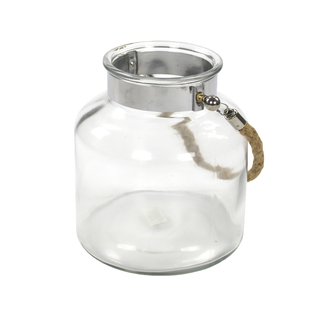 Echtglas-Laterne mit Metallrand und Seil-Griff natur klein