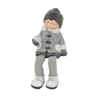 Deko Figur Winter-Kind Kantenhocker XL Junge grau / weiß