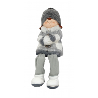 Deko Figur Winter-Kind Kantenhocker XL Mädchen grau / weiß