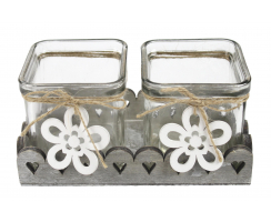 2er Teelichthalter mit Blumen-Anhänger 2 Stück grau