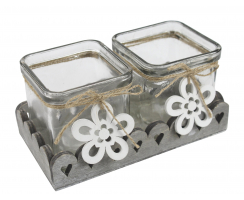 2er Teelichthalter mit Blumen-Anhänger 2 Stück grau