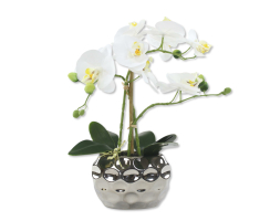 Kunst-Pflanze Orchidee ovaler Topf silber hochglanz und weiße Blüten 33cm hoch künstliche Blume Phalaenopsis