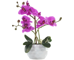 Kunst-Pflanze Orchidee ovaler Topf weiß hochglanz und lila Blüten 33cm hoch künstliche Blume Phalaenopsis