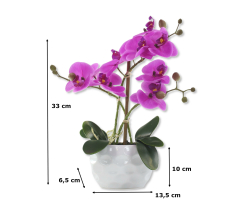 Kunst-Pflanze Orchidee ovaler Topf weiß hochglanz und lila Blüten 33cm hoch künstliche Blume Phalaenopsis