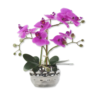 Kunst-Pflanze Orchidee ovaler Topf silber hochglanz und lila Blüten 33cm hoch künstliche Blume Phalaenopsis