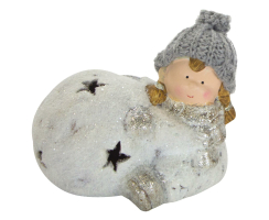 Deko Figur Mädchen mit Schneeball mit Sternen und LED