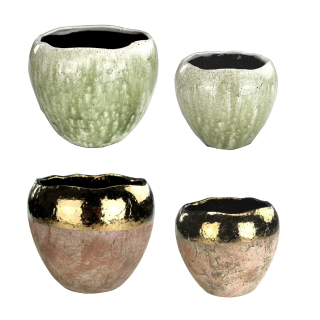 Blumentopf rund aus Keramik - weiß / olivegrün