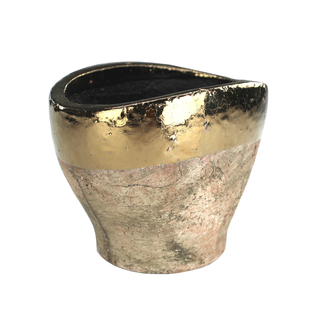 Blumentopf oval L aus Keramik - braun mit Goldrand