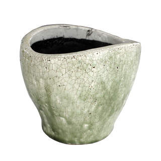 Blumentopf oval XL aus Keramik - weiß / olivegrün