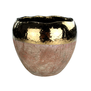 Blumentopf rund aus Keramik XL - braun mit Goldrand